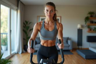 Femme en entraînement dans un gym maison moderne