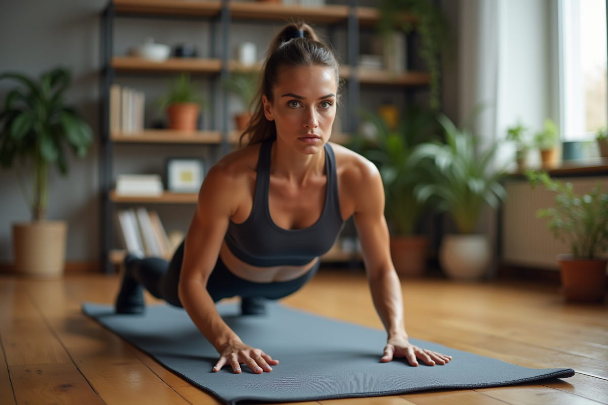 Femme sportive en plank dans un salon moderne