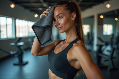 Jeune femme sportive essuie son front avec une serviette de sport