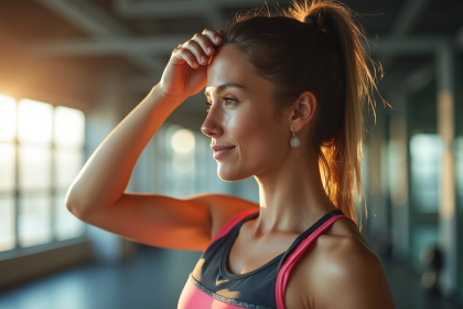 Jeune femme essuyant la sueur dans une salle de sport moderne