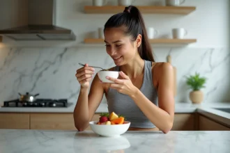 Jeune femme sportive mange une salade de fruits au petit déjeuner