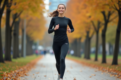 Jeune femme en sportwear jogging dans un parc urbain