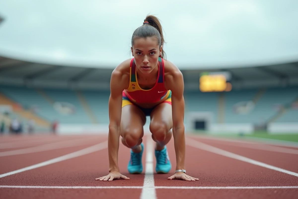 Femme sprinter concentrée en position de départ sur piste