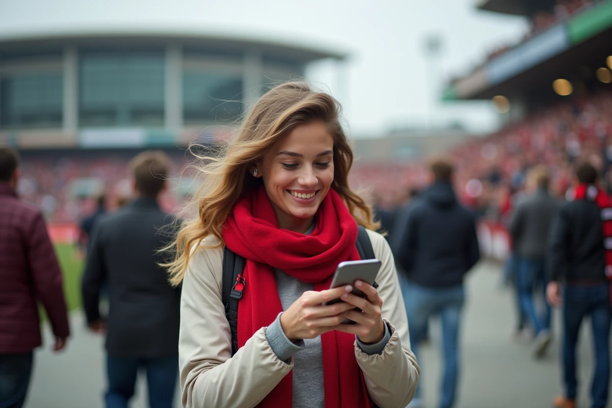 Jeune femme vérifiant résultats rugby au stade