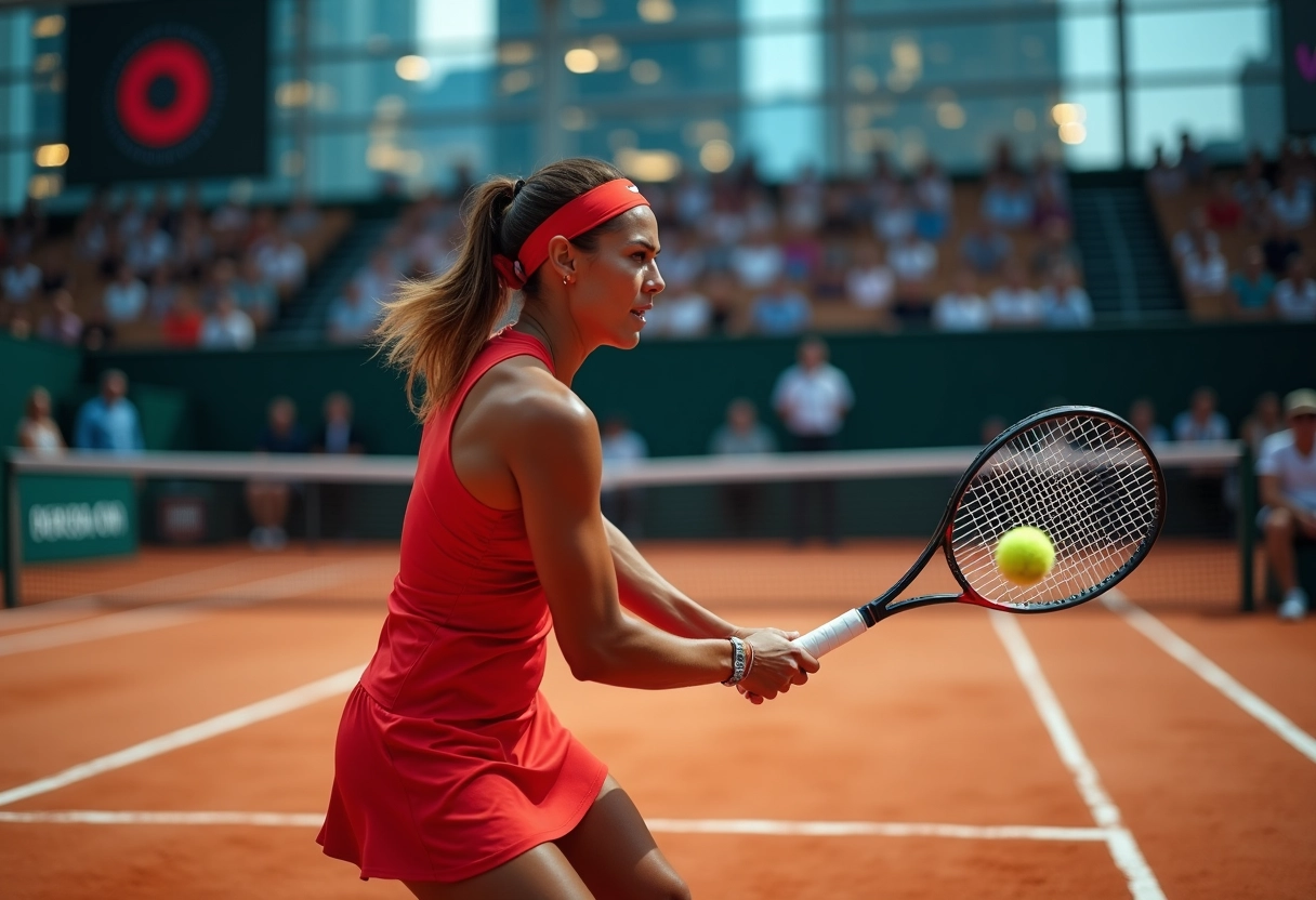 Femme tennis concentrée effectuant un revers en intérieur