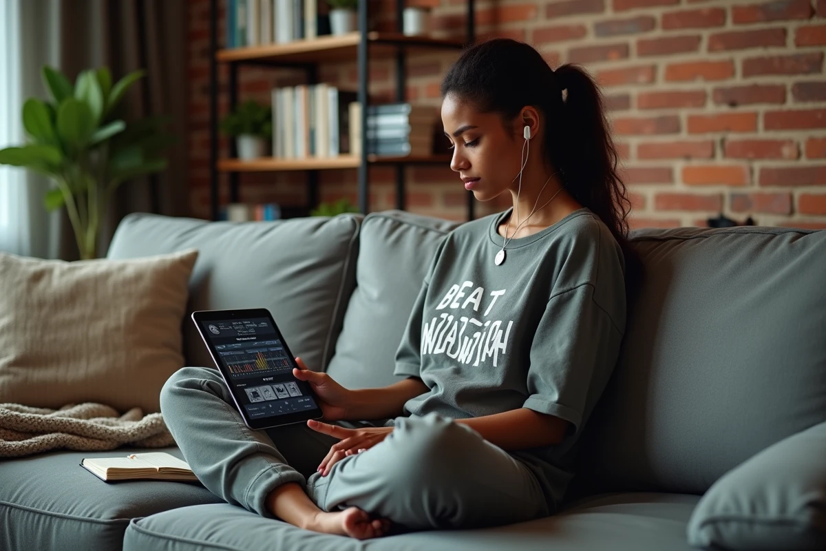 Femme testant une application de création de beats sur tablette dans un salon cosy