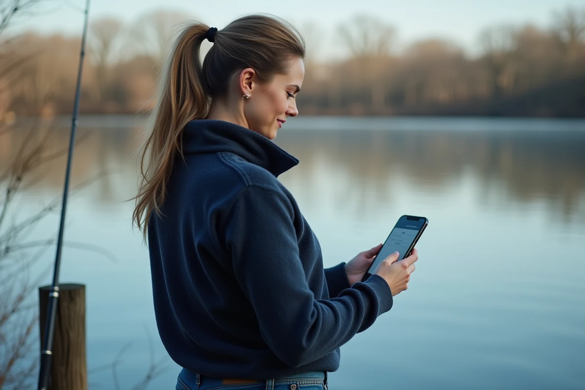 Femme consultant le site de validation de carte de pêche 2026 sur smartphone au bord d'un lac