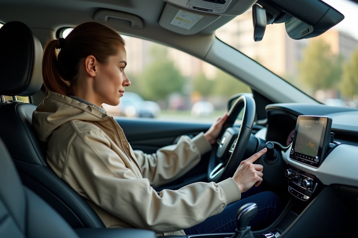 Jeune femme dans une voiture utilisant le système de navigation
