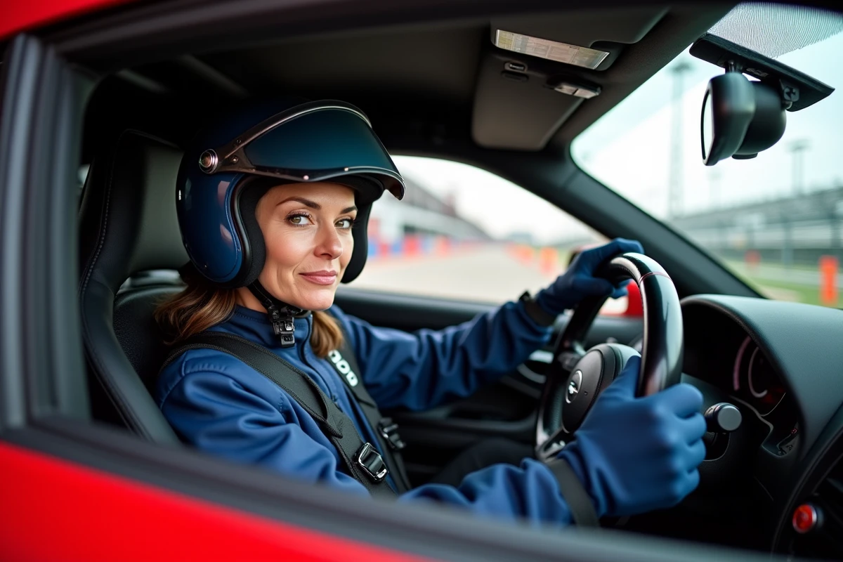 Femme concentrée au volant d'une voiture de sport lors d'un stage de pilotage sur circuit