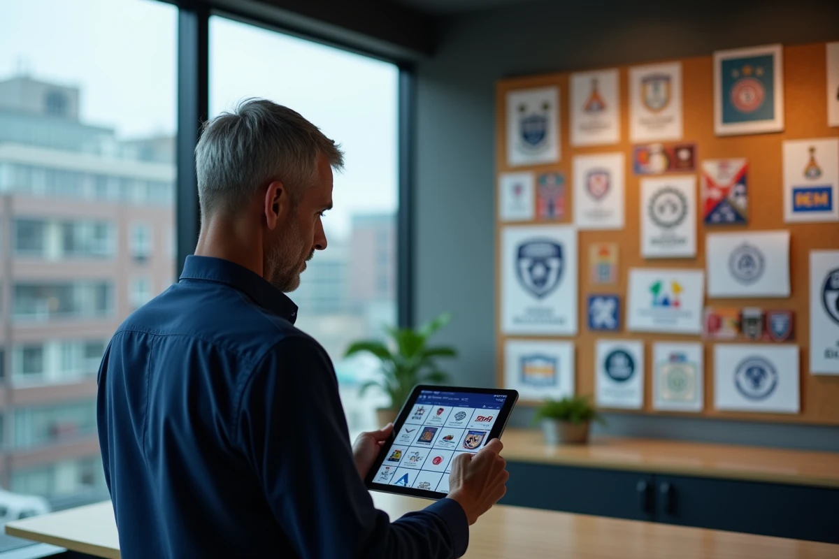Un homme consultant des fichiers de logos de clubs de football en format numérique sur une tablette dans un bureau médias