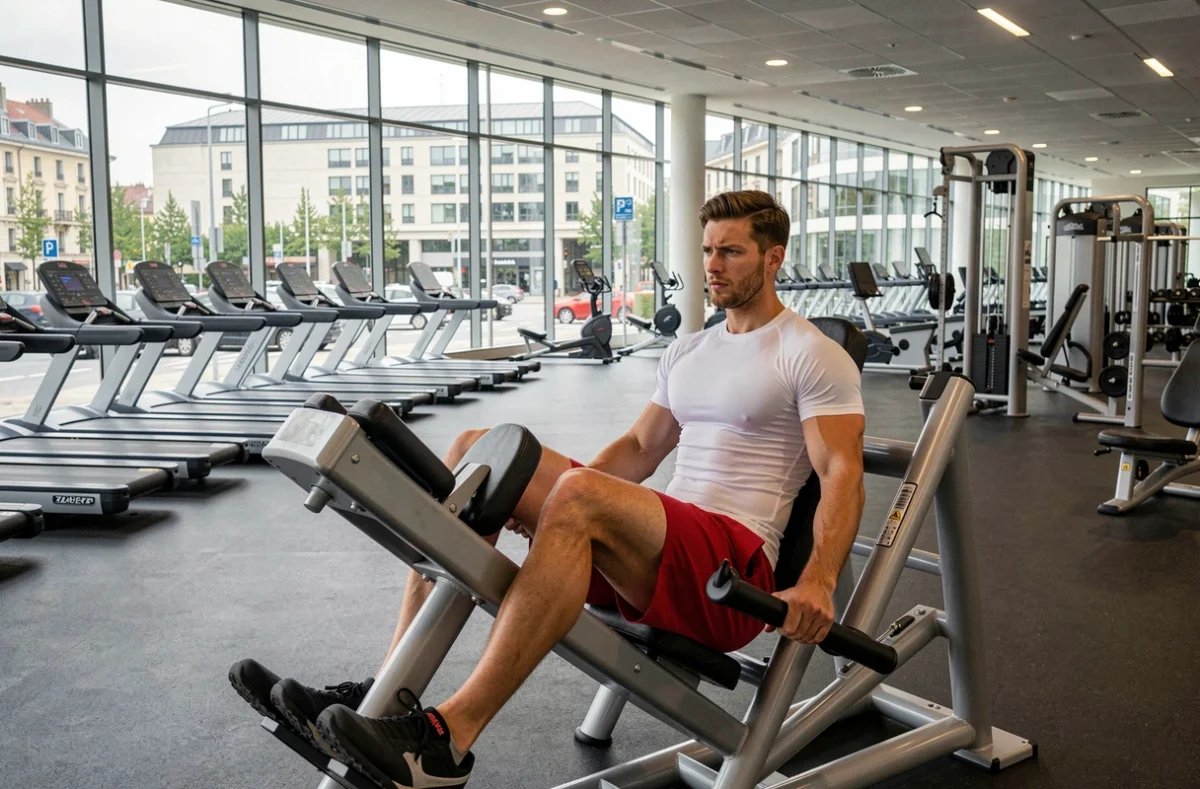 Un homme utilisant une presse à jambes au Fitness Park Lyon Part-Dieu avec vue sur le quartier urbain en arrière-plan