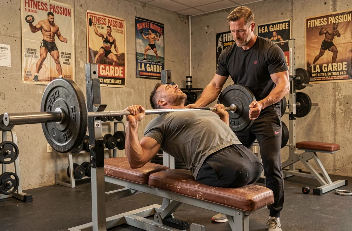 Un homme effectuant un développé couché avec assistant dans la salle Fitness Passion à La Garde