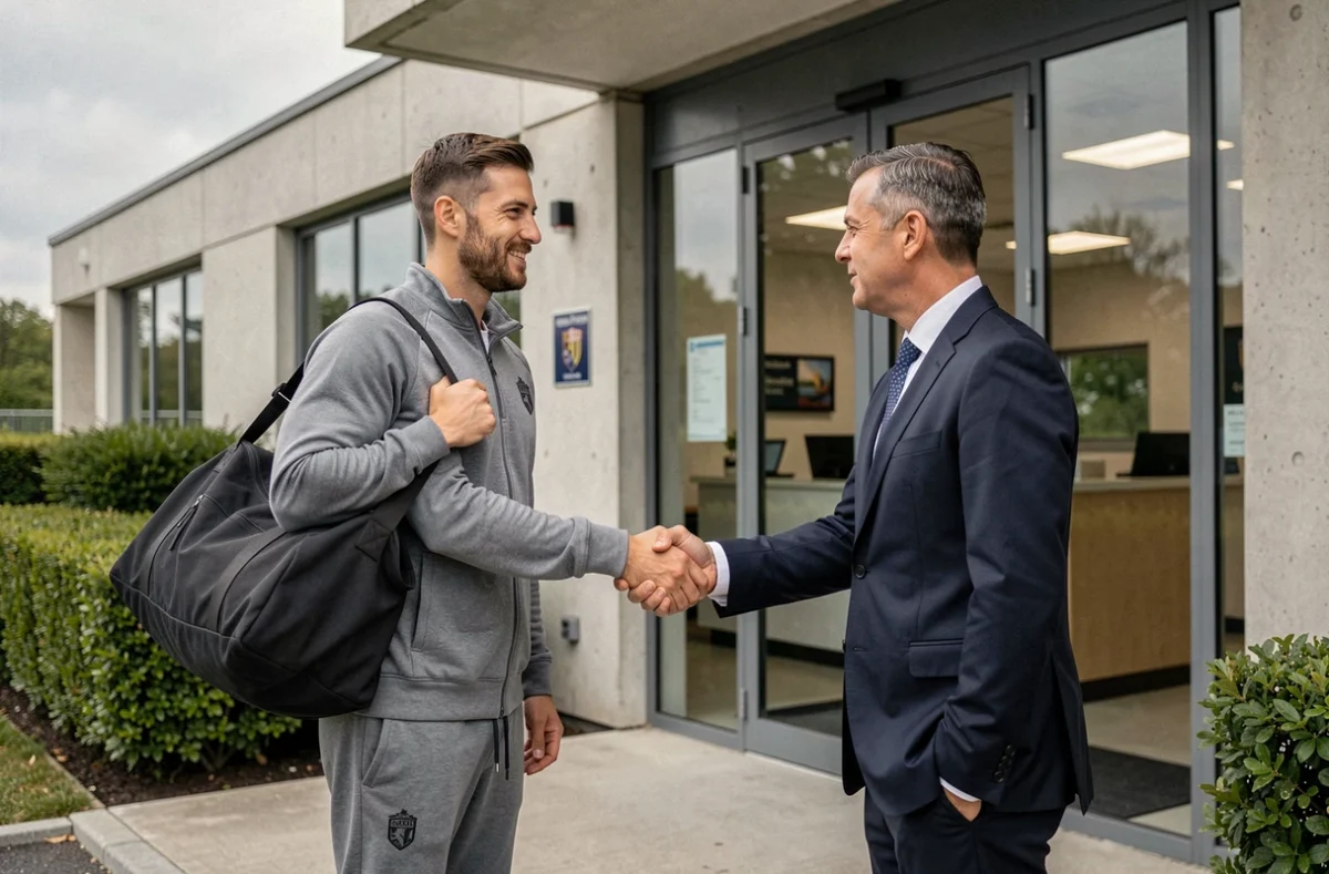 Footballeur et dirigeant de club se serrant la main devant l'entrée d'un centre d'entraînement lors d'un transfert ou prêt