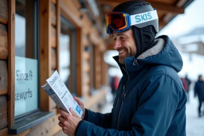 Skieur consultant un guide de forfait ski pas cher à Pra Loup devant un guichet de station