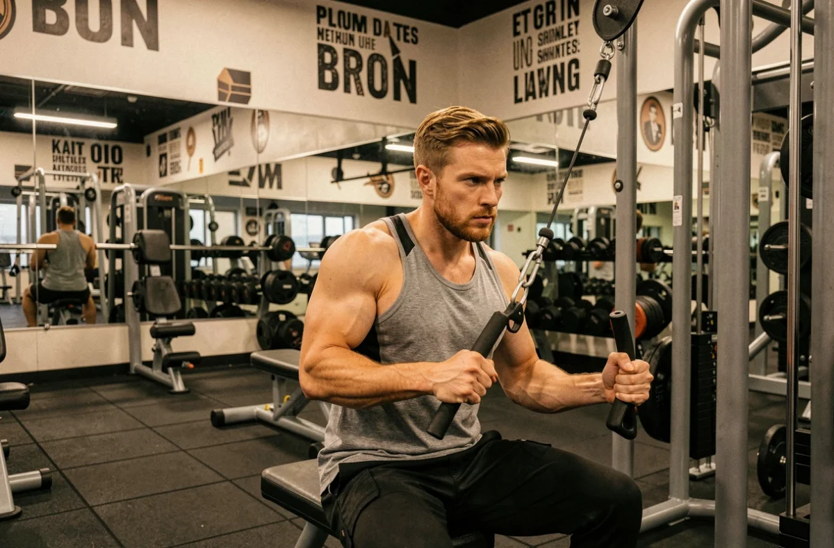 Un homme s'entraînant sur une machine à câbles au Genae Fitness Club à Bron, entouré d'équipements de musculation modernes