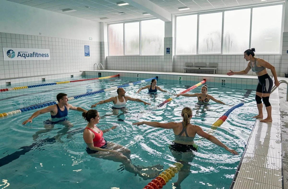 Cours d'aquafitness en piscine couverte avec instructeur et groupe de participants dans l'eau turquoise