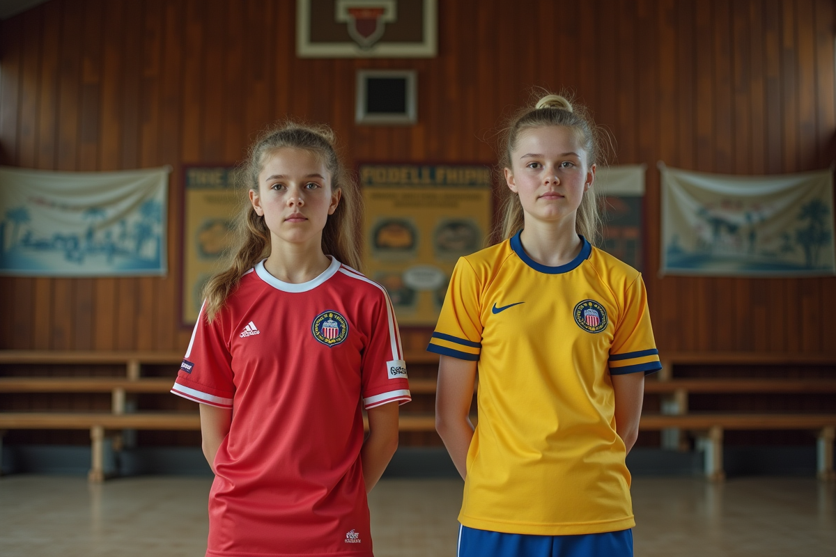 Deux générations de footballeuses femmes côte à côte dans un gymnase ancien