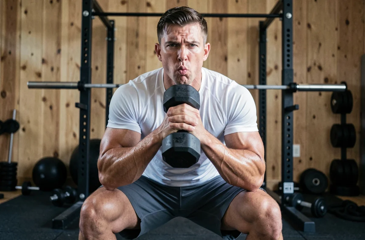 Homme en goblet squat avec haltère dans une salle de sport à domicile, respiration contrôlée et gainage du core visible en position basse