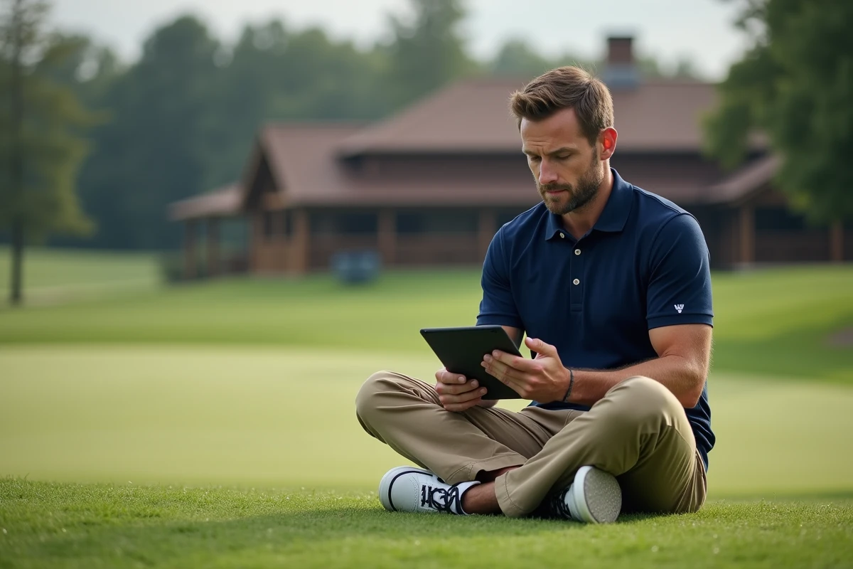 Golfeur lisant un article de blog sur tablette assis sur un banc en bord de fairway