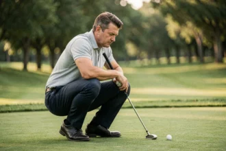 Golfeur accroupi sur le green lisant la pente avant un putt, cours de golf entouré d'arbres