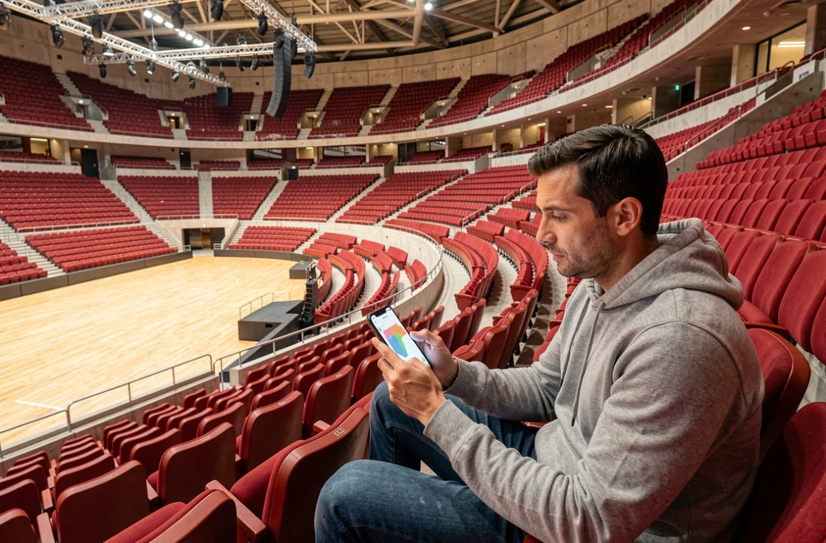 Homme assis dans les gradins de la Bercy Arena comparant les emplacements sur son smartphone