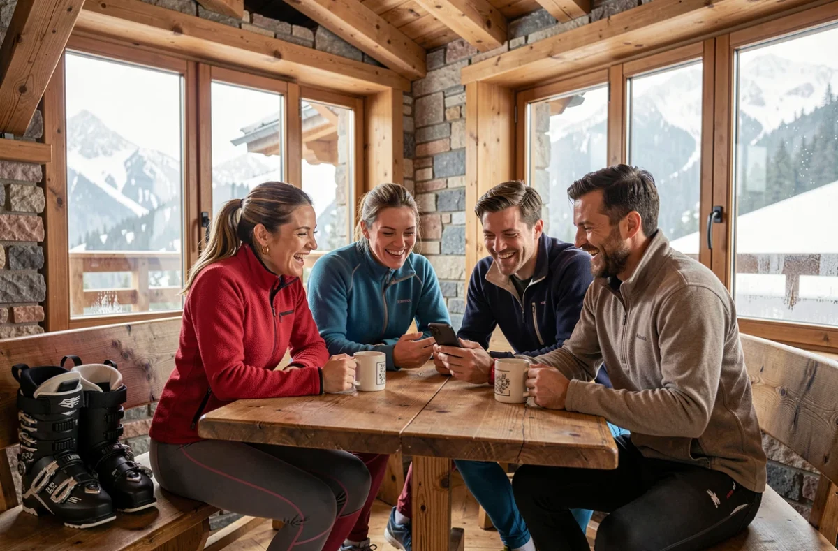 Groupe d'amis se détendant dans un chalet après une journée de ski aux Deux Alpes