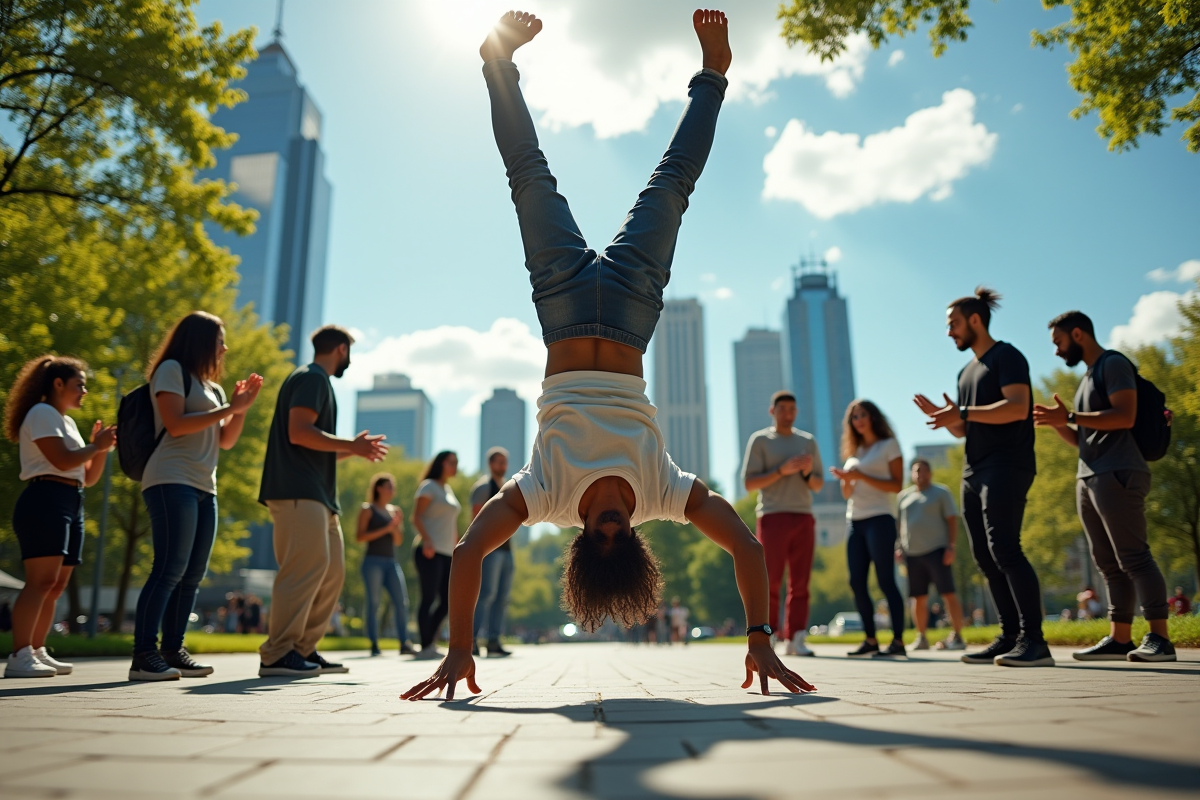 Groupe de breakdancers dans un parc en plein air