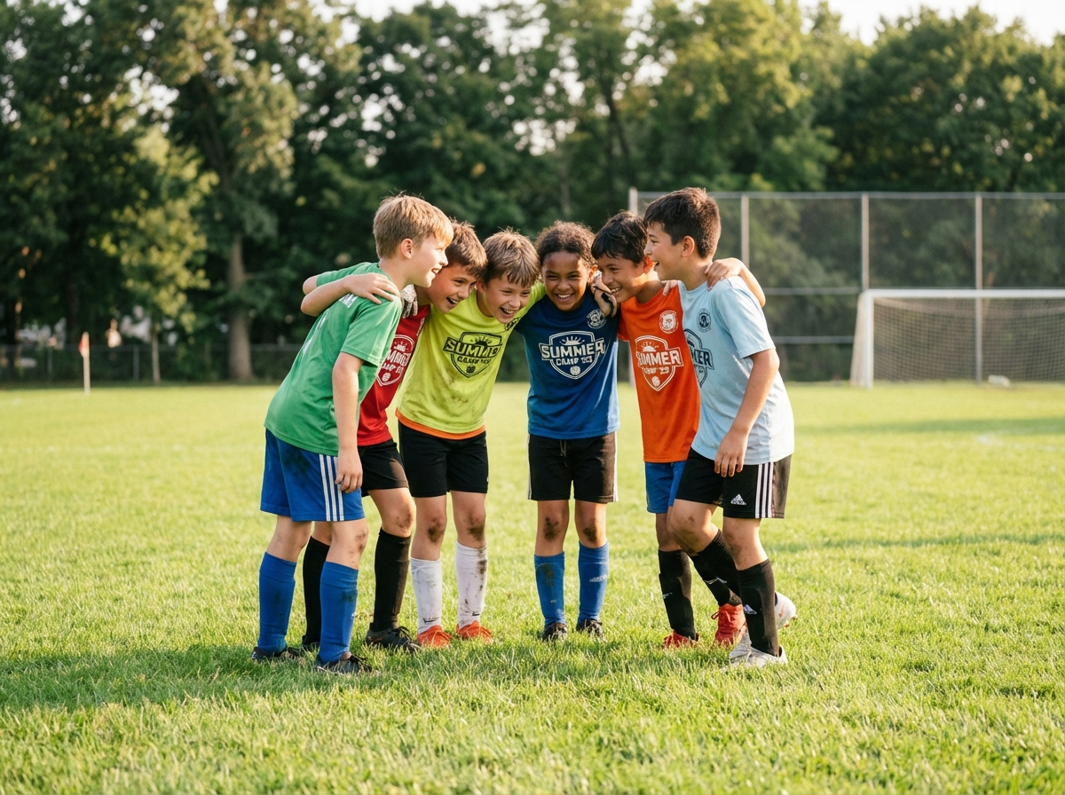 Groupe d'enfants souriants en maillots de football colorés