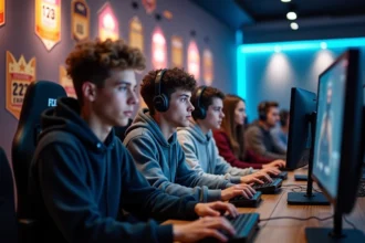 Groupe de gamers dans un lounge moderne avec mural de rangs