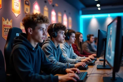 Groupe de gamers dans un lounge moderne avec mural de rangs