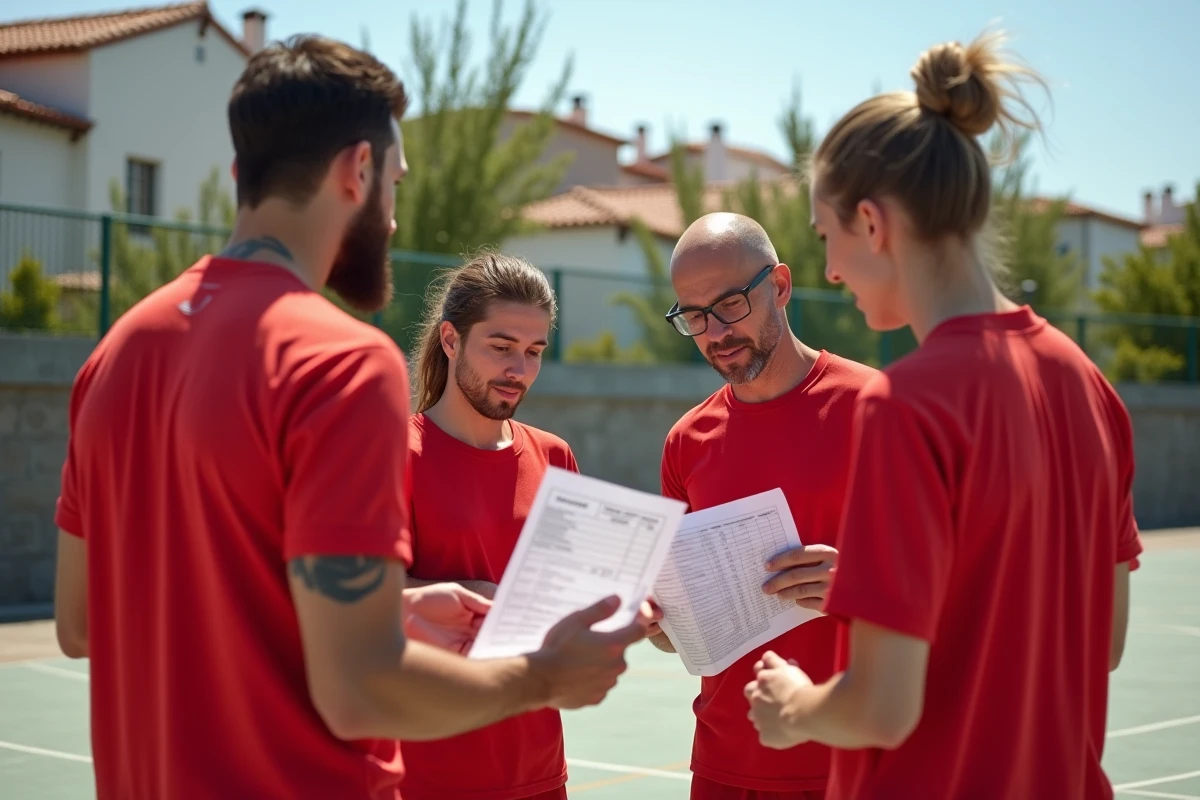 Groupe de joueurs français de handball discutant budget et calendrier sur un terrain extérieur au Portugal