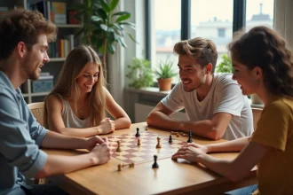 Groupe de jeunes jouant au boggia dans un salon lumineux