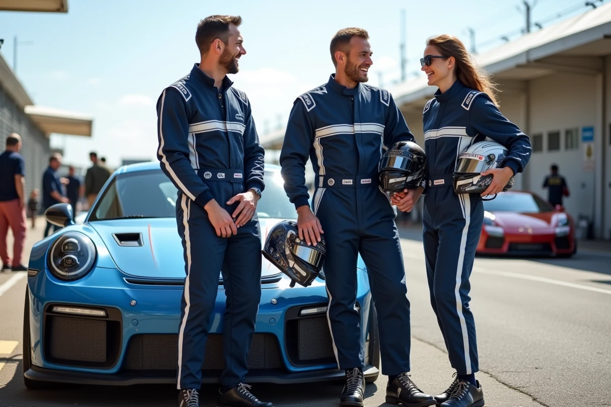 Groupe de pilotes amateurs découvrant le paddock d'un circuit automobile lors d'un week-end de course pour débutants