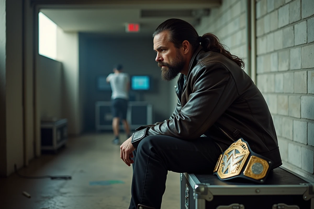 Hardy Matt en coulisses, assis seul avec une ceinture de champion, regard pensif après une grande rivalité de catch