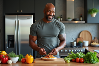 Homme noir musclé en cuisine préparant un repas végétal