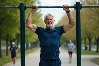 Homme sportif de 60 ans faisant un pull-up en plein air