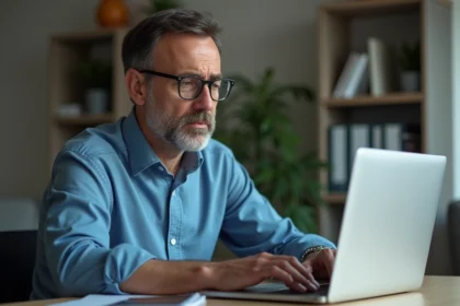 Homme d'âge moyen face à un ordinateur avec erreur Infonet