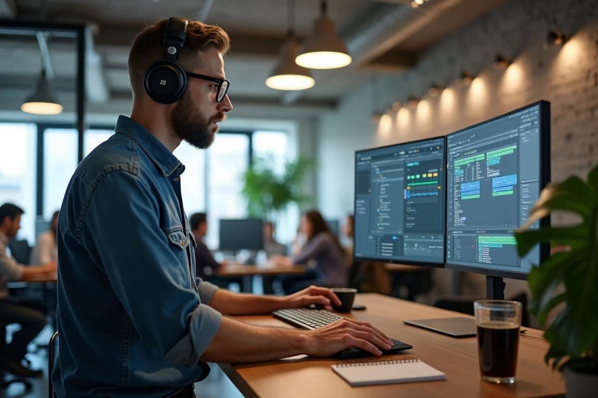 Homme avec casque audio professionnel testant un logiciel de beatmaking dans un espace de coworking