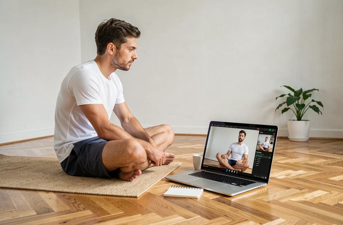 Homme débutant le cross-training en ligne depuis son salon, suivi d'une session de coaching vidéo sur ordinateur portable avec carnet de notes