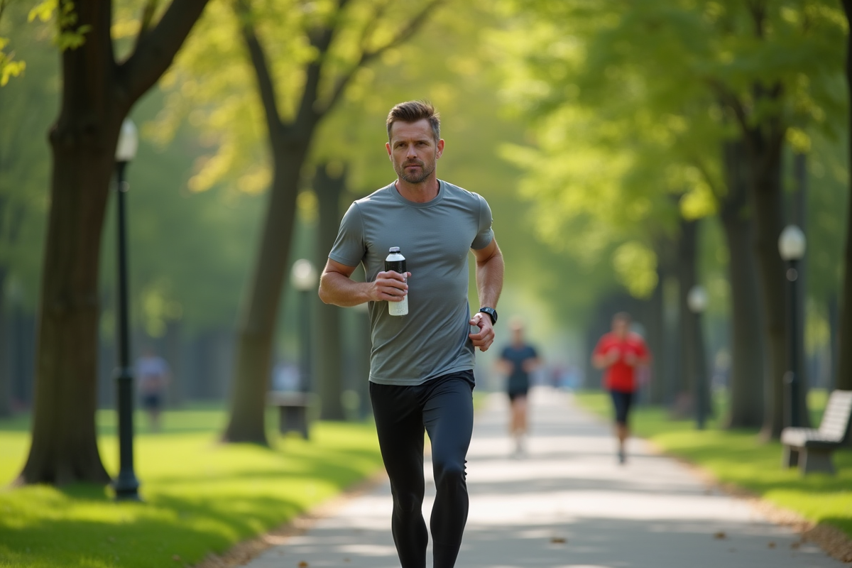 Homme en course dans un parc urbain avec bouteille d energie réutilisable