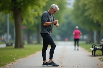 Homme d'âge moyen en tenue de sport ajustant ses chaussures de course