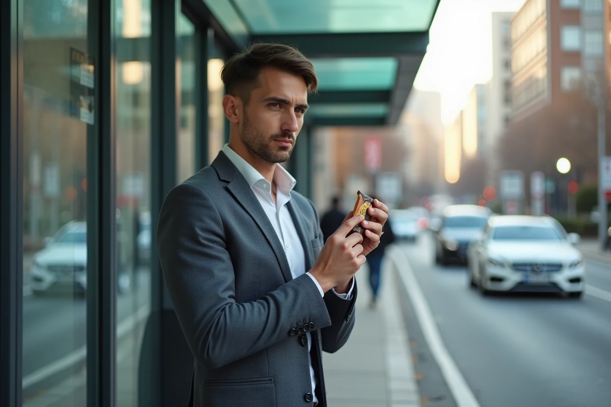 Jeune homme en ville mangeant une barre énergétique en se dépêchant