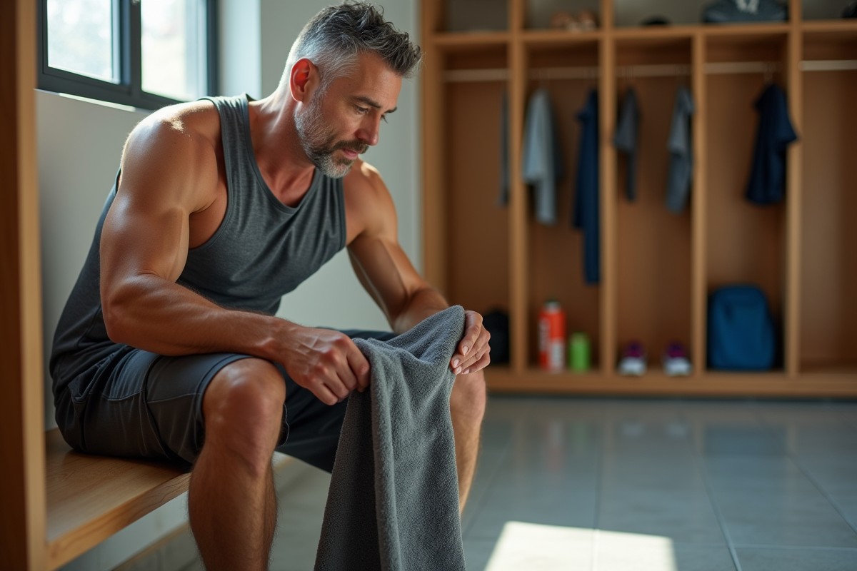 Homme détendu plie une serviette de sport dans le vestiaire