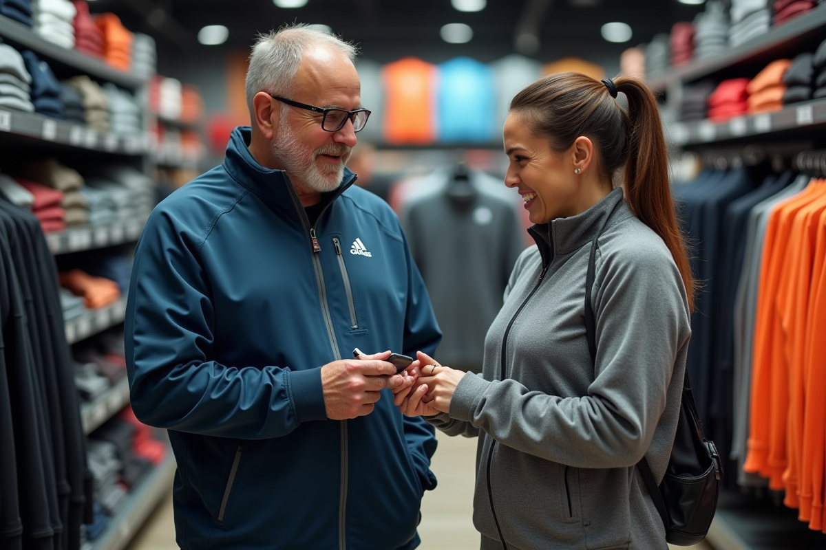 Homme et femme en vêtements techniques dans un magasin de sport