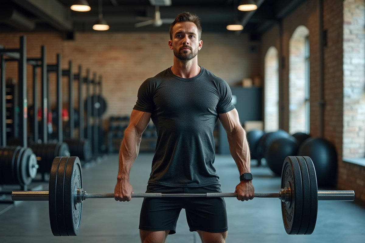 Homme musclé en train de faire un deadlift en salle de sport