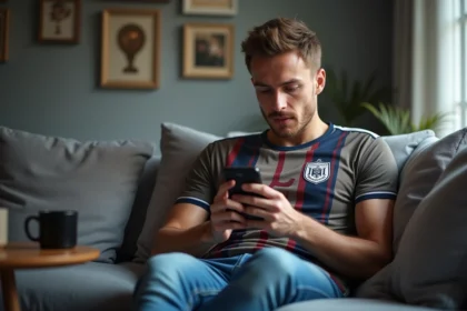 Jeune homme en maillot de foot regarde son smartphone