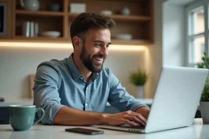Homme souriant regarde un site sportif sur son ordinateur portable