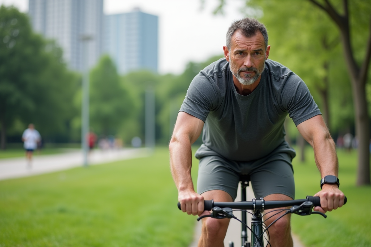 Homme en exercice de vélo dans un parc urbain