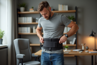 Homme d'âge moyen portant une ceinture lombaire dans un bureau moderne