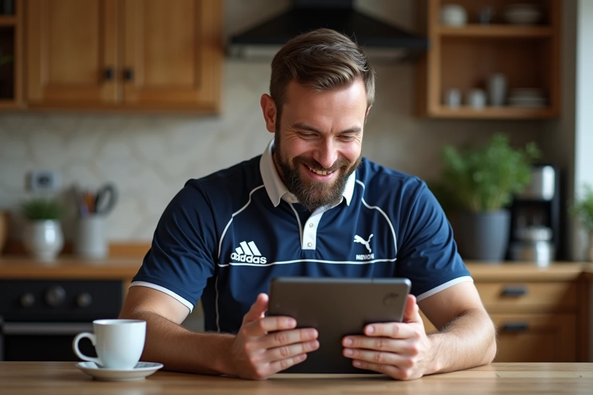 Homme d'âge moyen en rugby checkant résultats sur tablette